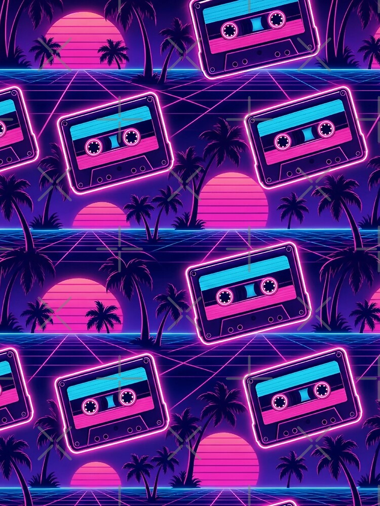 Retro Cassettes Palms And Sunset Grids Vaporwave Seamless Pattern Neon Pink by StickyGuys