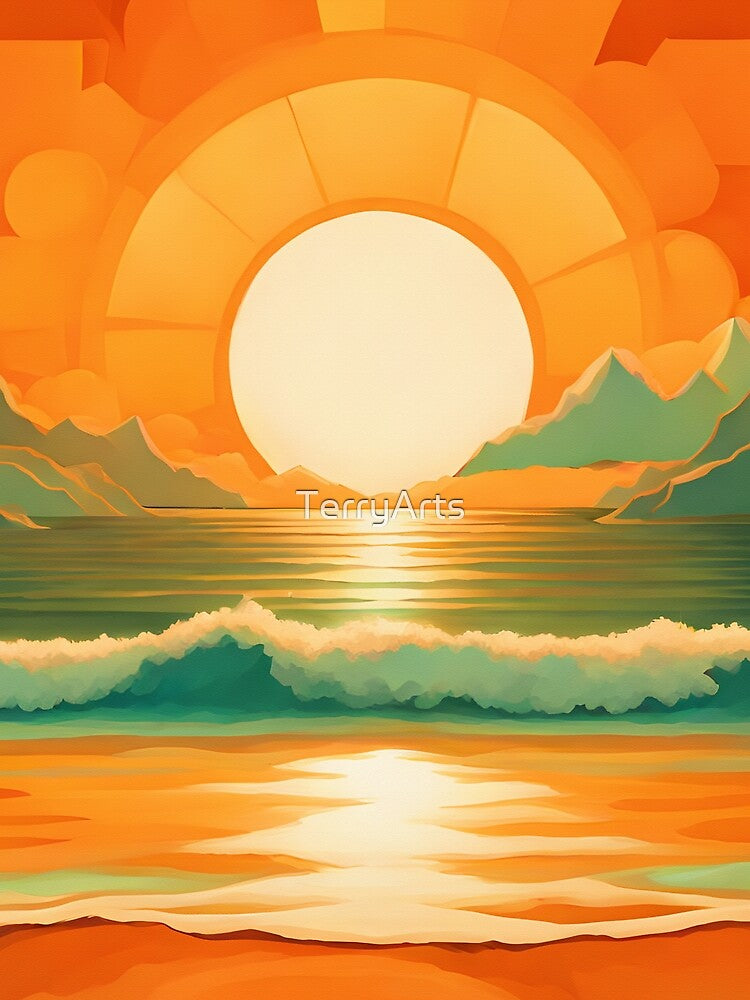 Retro Sun Beach Ocean Mountains Sky AI Art 1 of 4 by Beachy