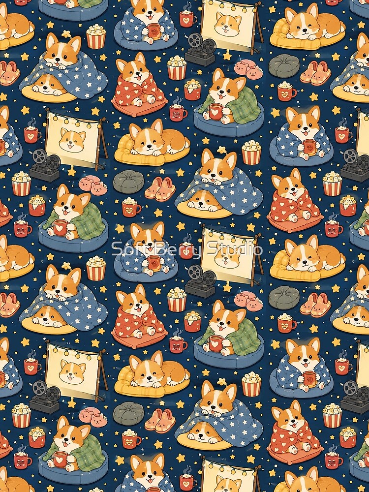 Corgi Cozy Movie Night Pattern by Soft Berry Studio