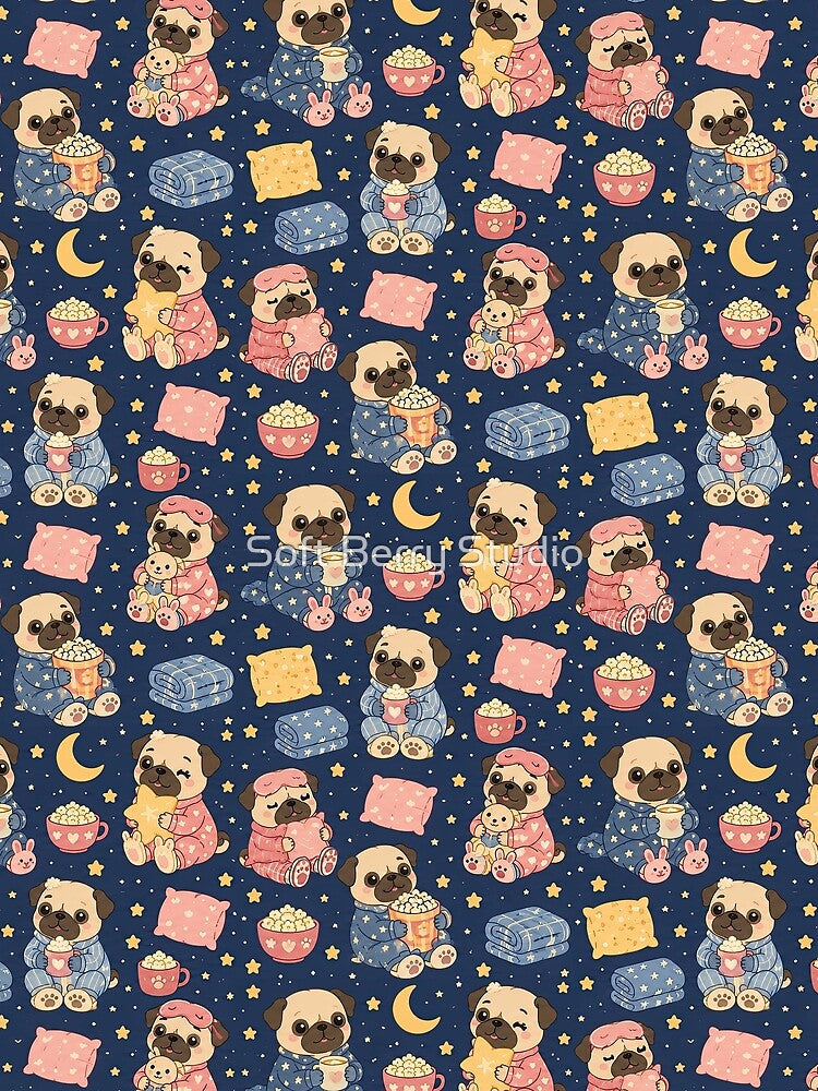 Pug Cozy Pajama Party Pattern by Soft Berry Studio
