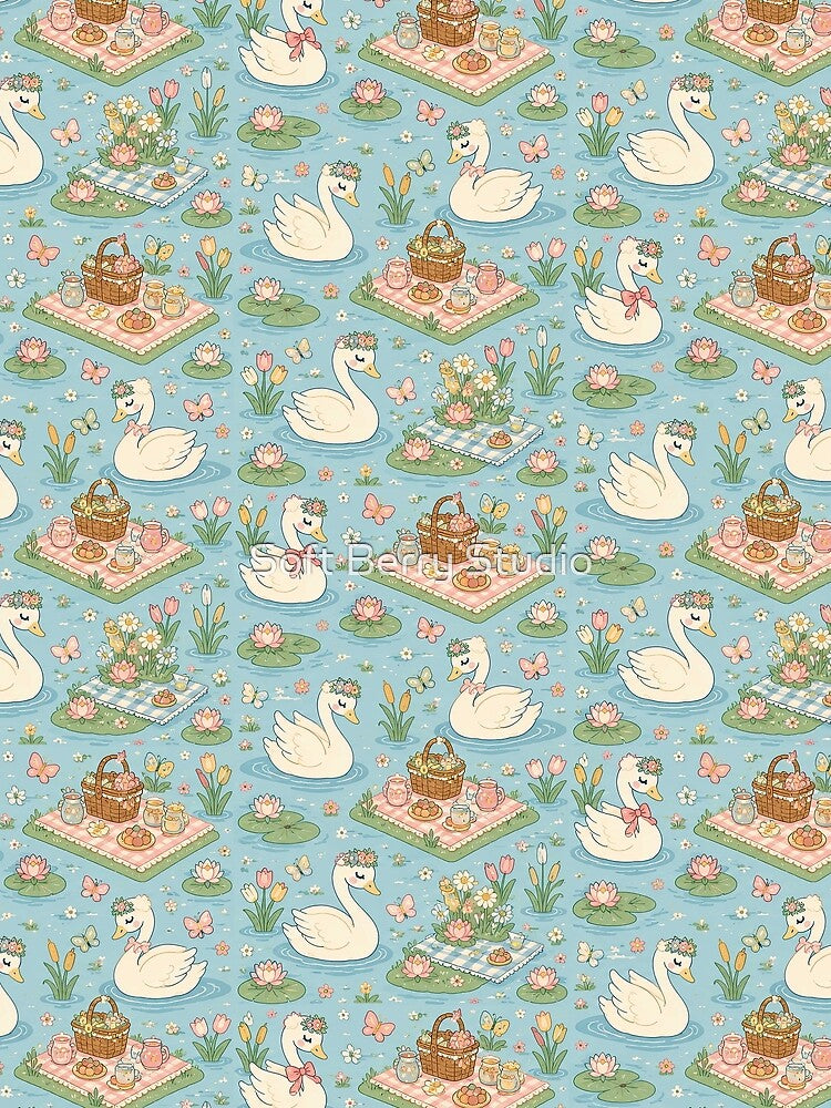 Swan Spring Pond Picnic Pattern by Soft Berry Studio