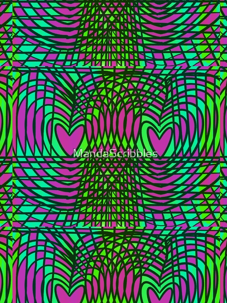 Trippy Neon Geometric Pink and Green Hearts by MandaScribbles