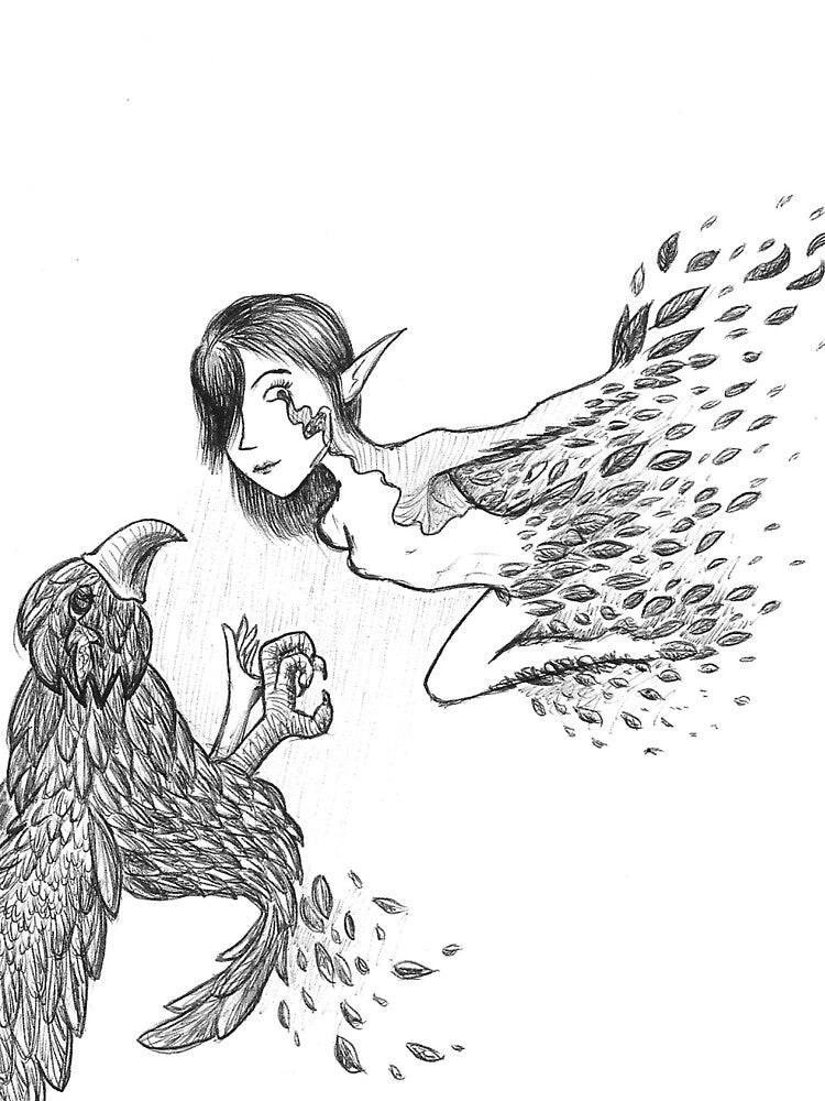 Abstract Magical Bird Human Flying Black Ballpoint Pen Drawing by BOKEbyTC
