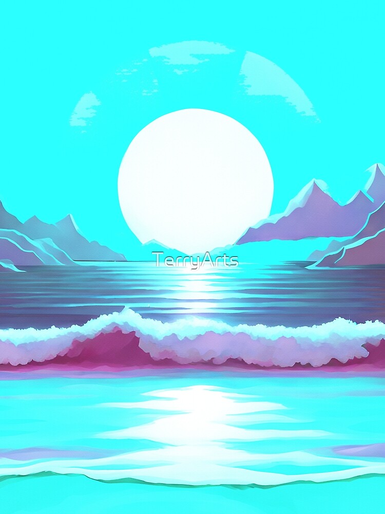 Retro Moon Ocean Beach Mountains Sky AI Art 1 of 4 by Beachy