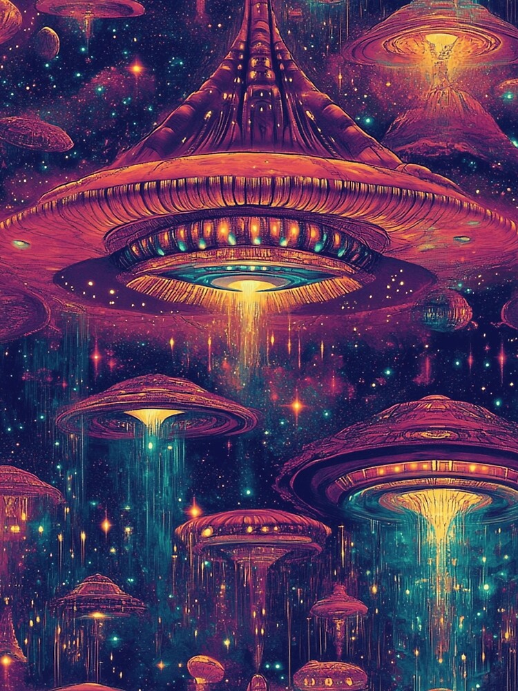 Neon UFO City – Futuristic Sci-Fi Spaceship Pattern by Nicholas Panek