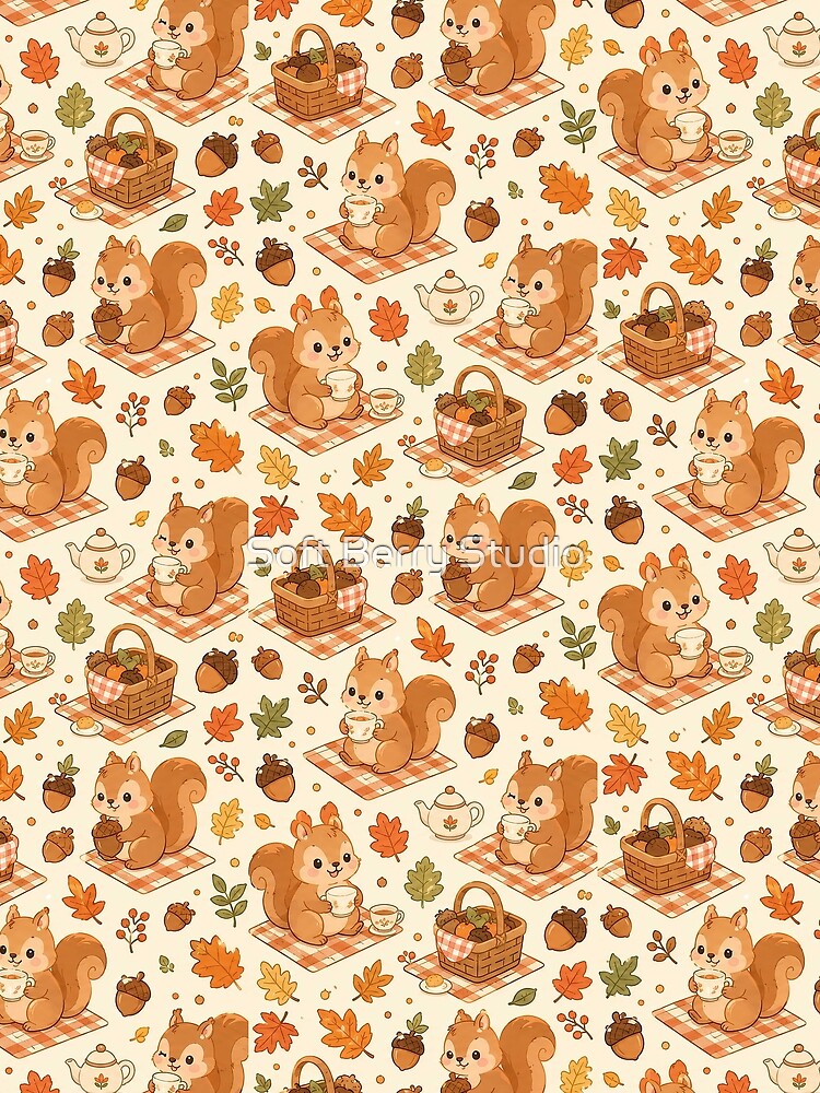 Squirrel Autumn Acorn Picnic Pattern by Soft Berry Studio
