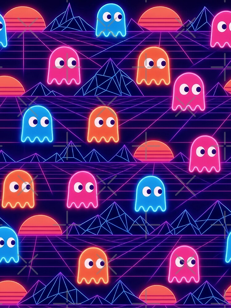 Neon Arcade Ghosts And Retro Grids Halloween Seamless Pattern Sunset Coral by StickyGuys