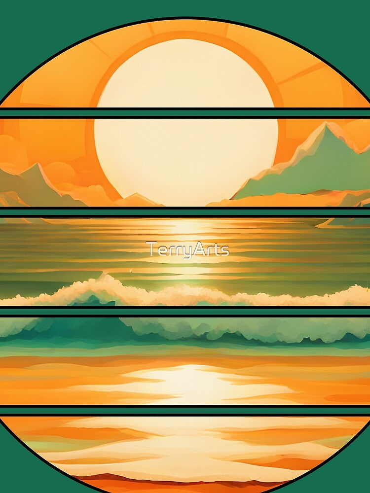 Retro Sun Beach Ocean Mountains Sky AI Art - Orange with black edge by Beachy