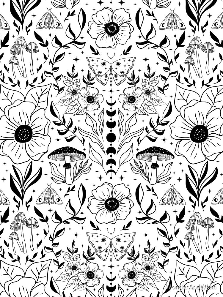 Whimsigoth Moth Moon Damask Black on White by WonderAndWhim