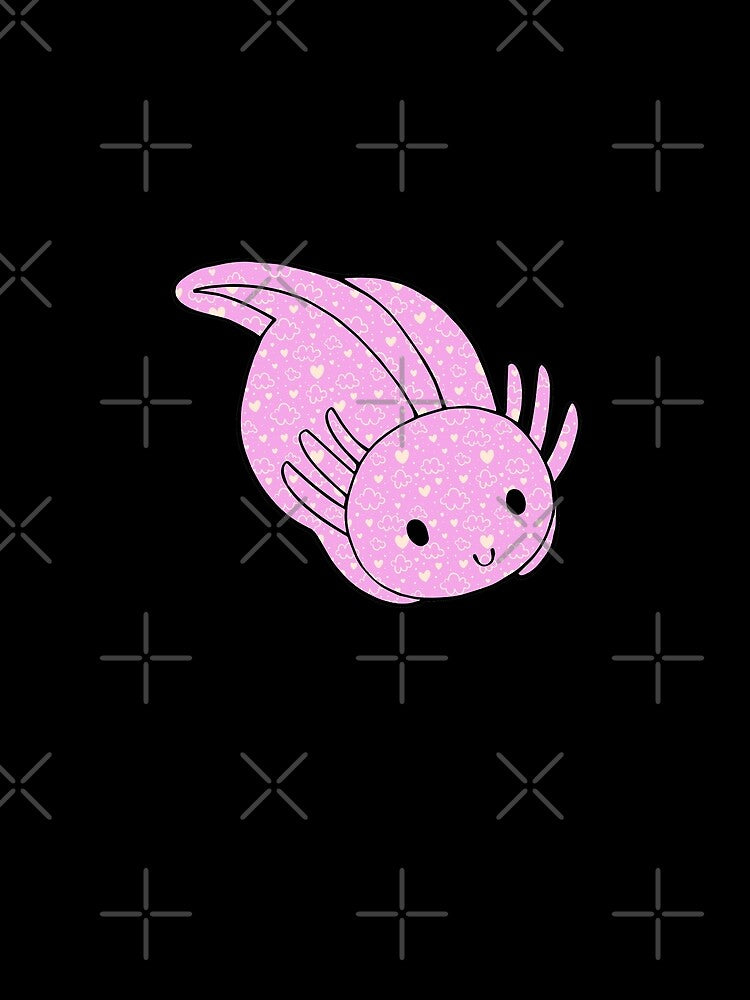 Cute Kawaii Baby Chibi Axolotl in Pastel Pink with Hearts and Cloud Pattern by InkMemories