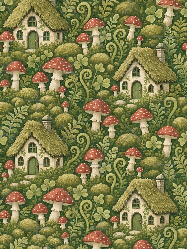 Tiny Cottage Toadstools And Ferns Cottagecore Seamless Pattern Moss Green by StickyGuys