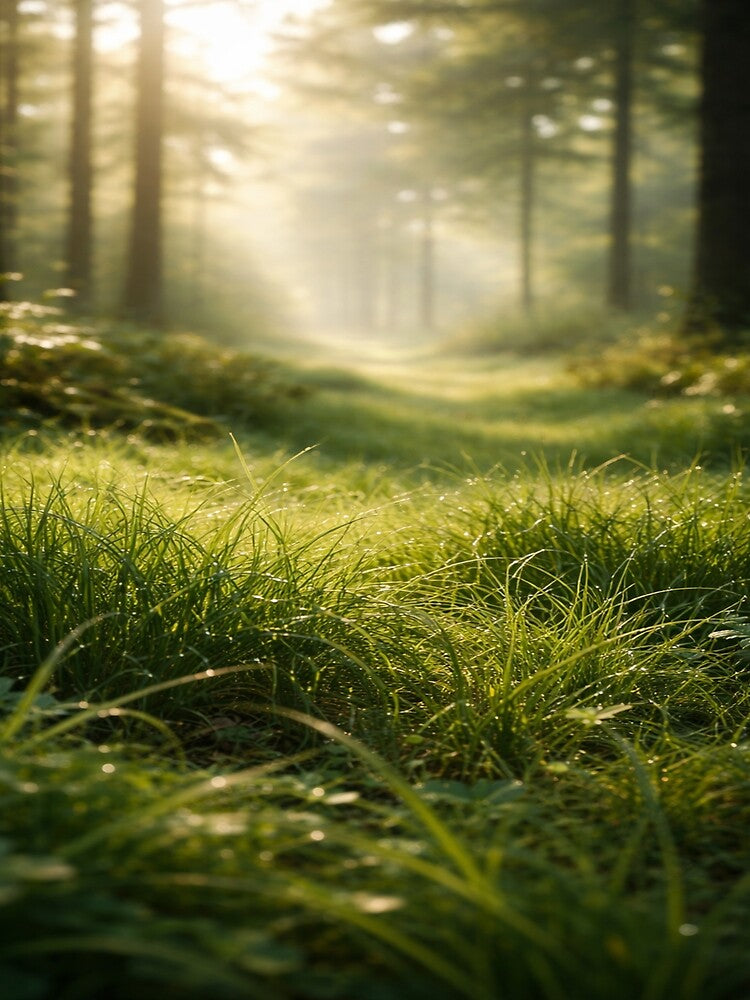 Serene Forest Meadow with Sun Rays – Nature Photography by DesignerThreads