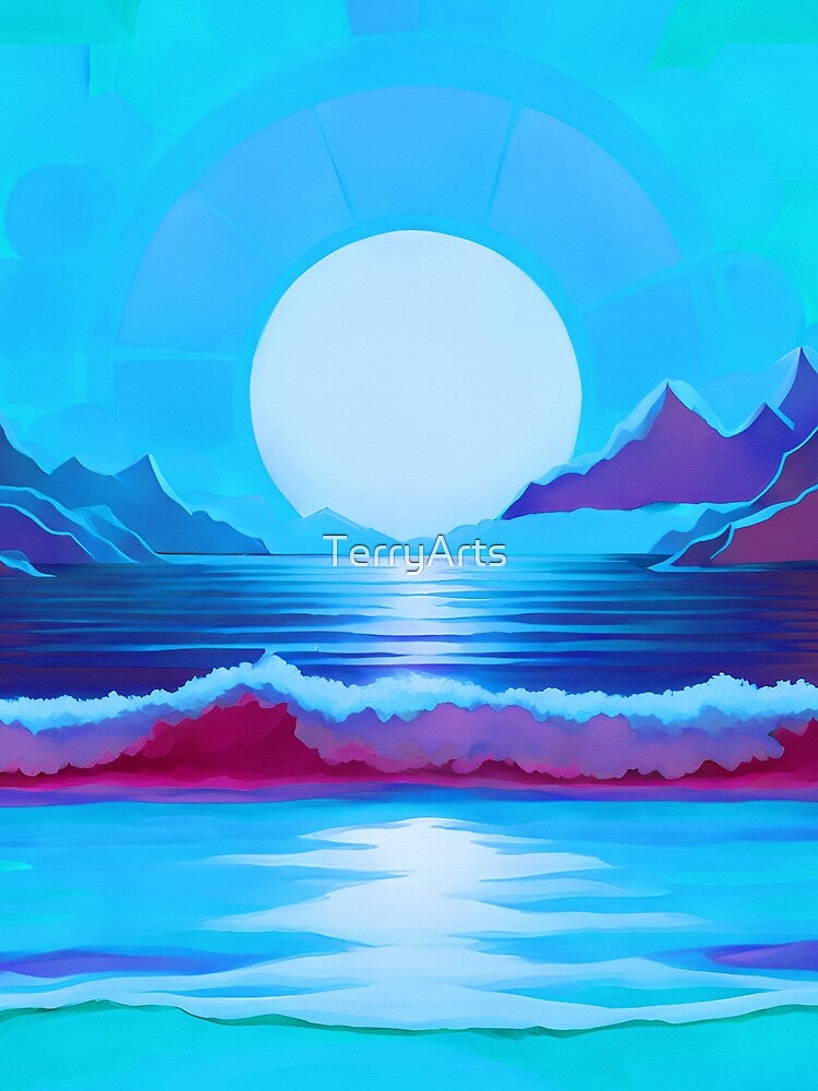 Retro Moon Ocean Beach Mountains Sky AI Art 2 of 4 by Beachy