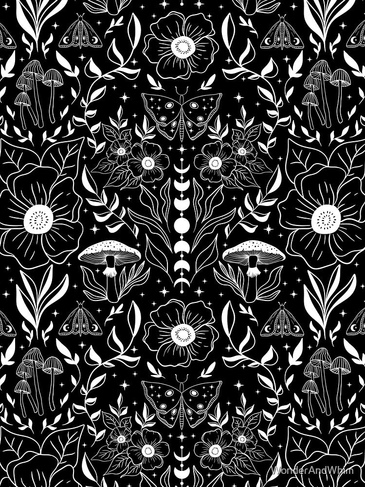 Whimsigoth Moth Moon Damask White on Black by WonderAndWhim