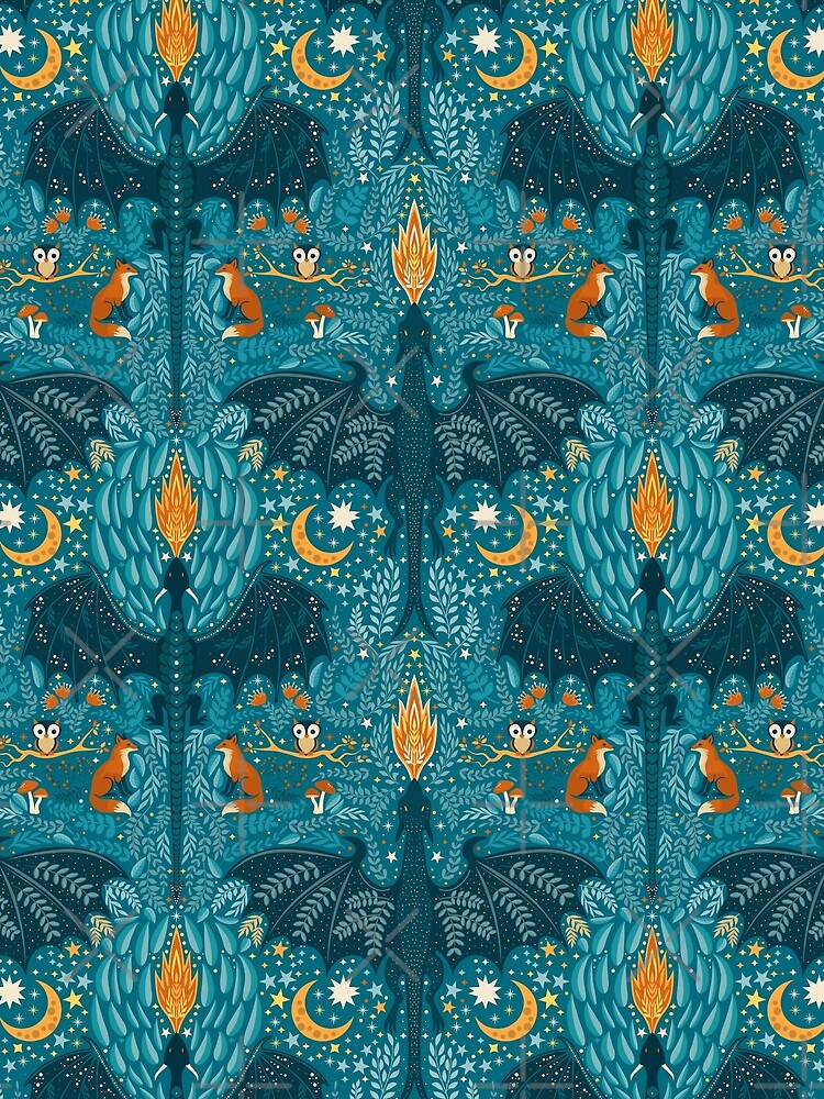 Dark Whimsigoth Dragon and Forest Foxes Folk Art Pattern by chriswo-design
