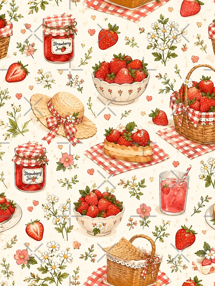 Strawberry Picnic Seamless Pattern – Cottagecore Summer Fruit & Picnic Aesthetic by RJACreative