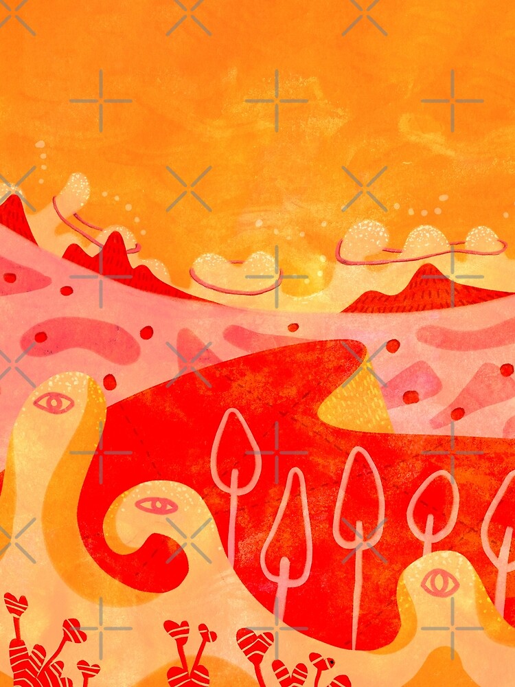 Naive, fantastic abstract landscape painting. Red and Orange. by GreissDesign