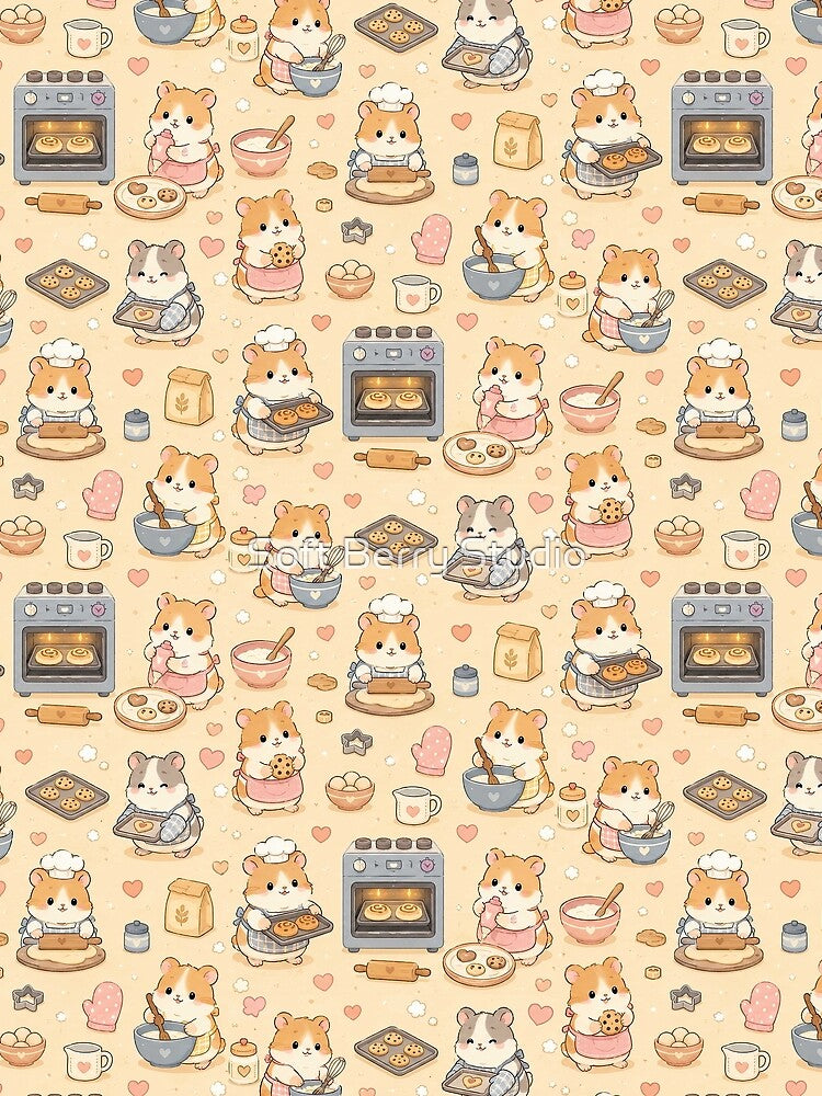 Cute Hamster Cozy Baking Pattern | Kawaii Sweet Kitchen by Soft Berry Studio