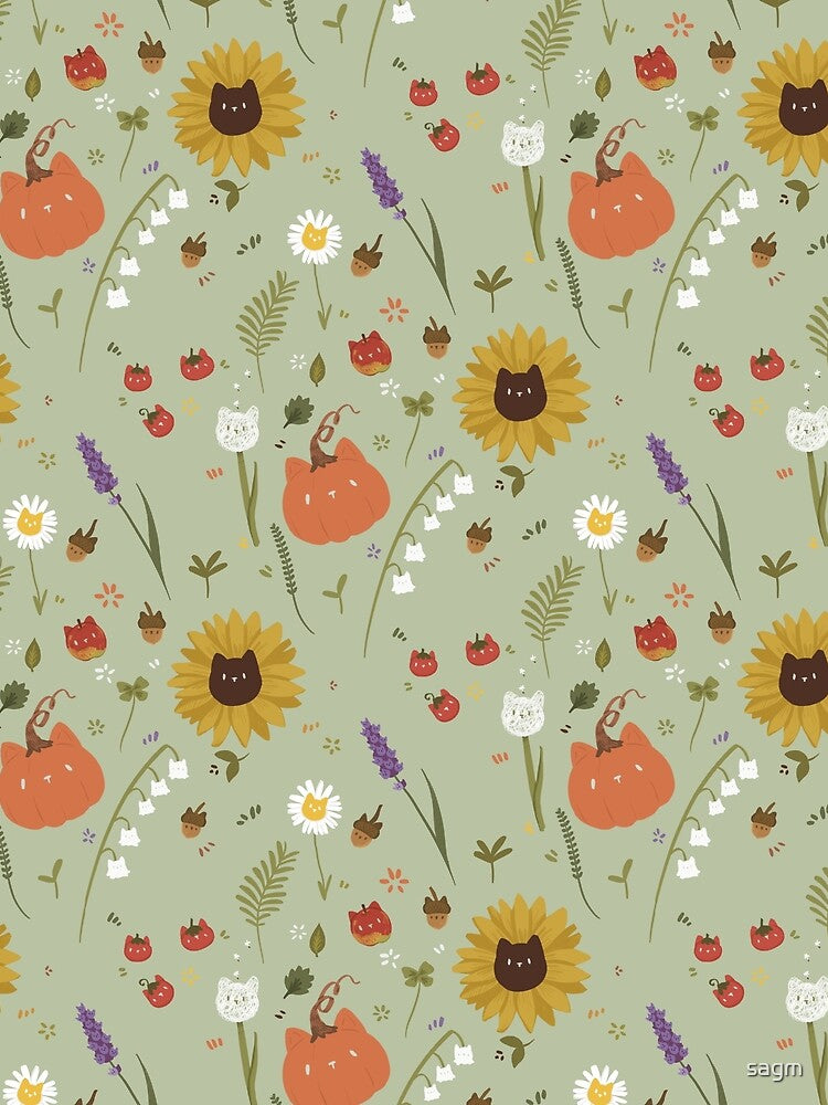 Cat fruits and flowers pattern green background by sagm