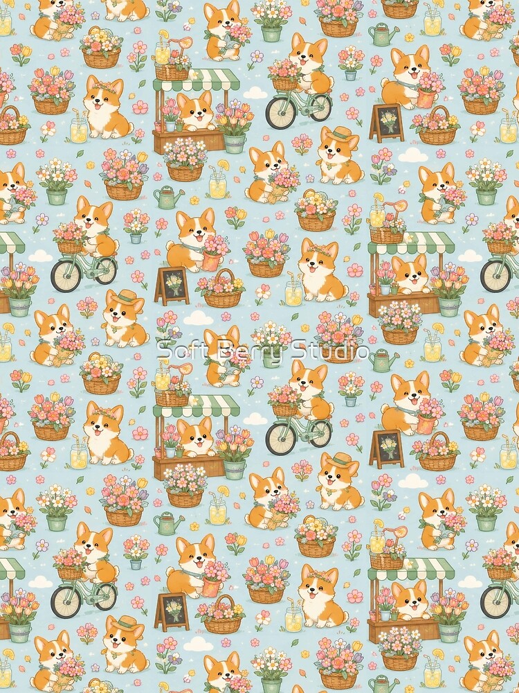 Corgi Spring Flower Market Pattern by Soft Berry Studio