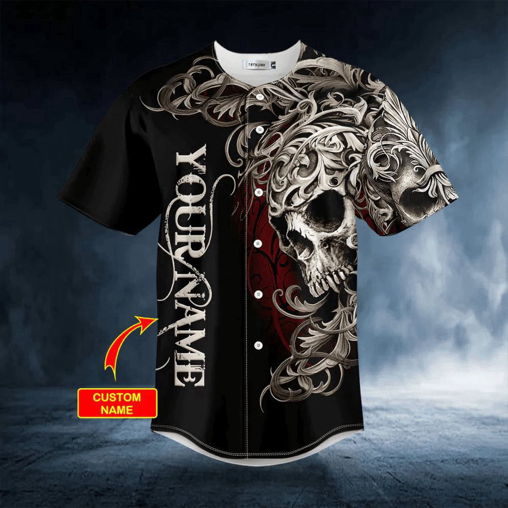 Fleur-de-lis Pattern King Skull Custom Baseball Jersey For Men Women, Men's Baseball Jersey For Men Women,... (Image 2)