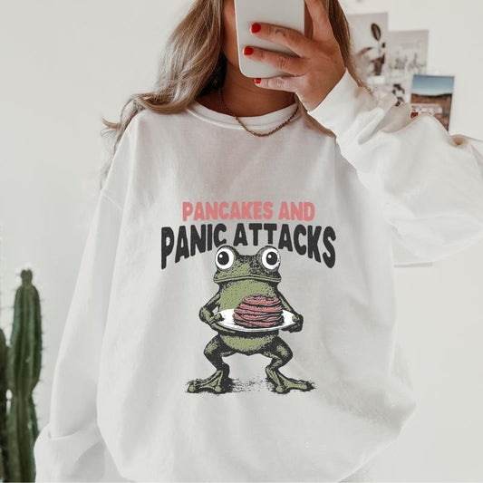 funny sweatshirts Pancakes and Panic Attacks Frog Sweatshirt ~ Unisex Apparel Relaxed Fit Printed in the USA Clothing Womenswear Casual and Comfortable