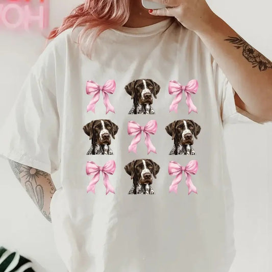 german short haired pointer with bow Shirt~ Unisex Apparel Relaxed Fit Printed In The USA Clothing Womenswear Casual Comfort Cotton Top Athletic Boho Chic