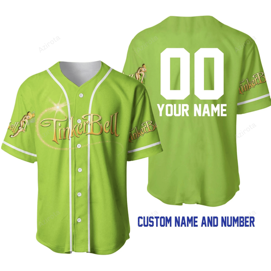 Tinker Bell Lime Green White Disney Unisex Cartoon Graphic Casual Outfits Custom Personalized Baseball Jersey