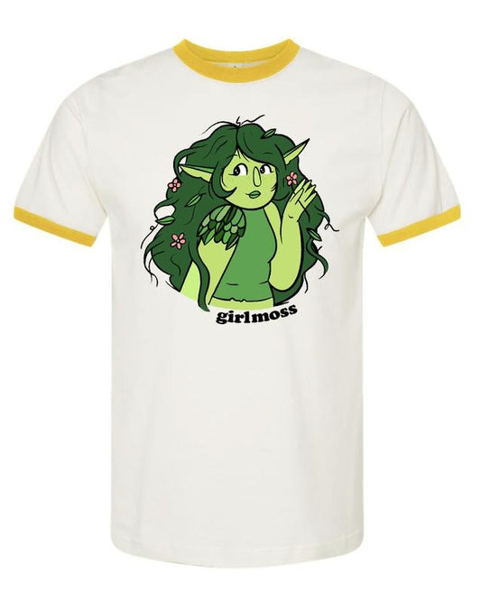 girlmoss yellow vintage style ringer in unisex. full color screen print.