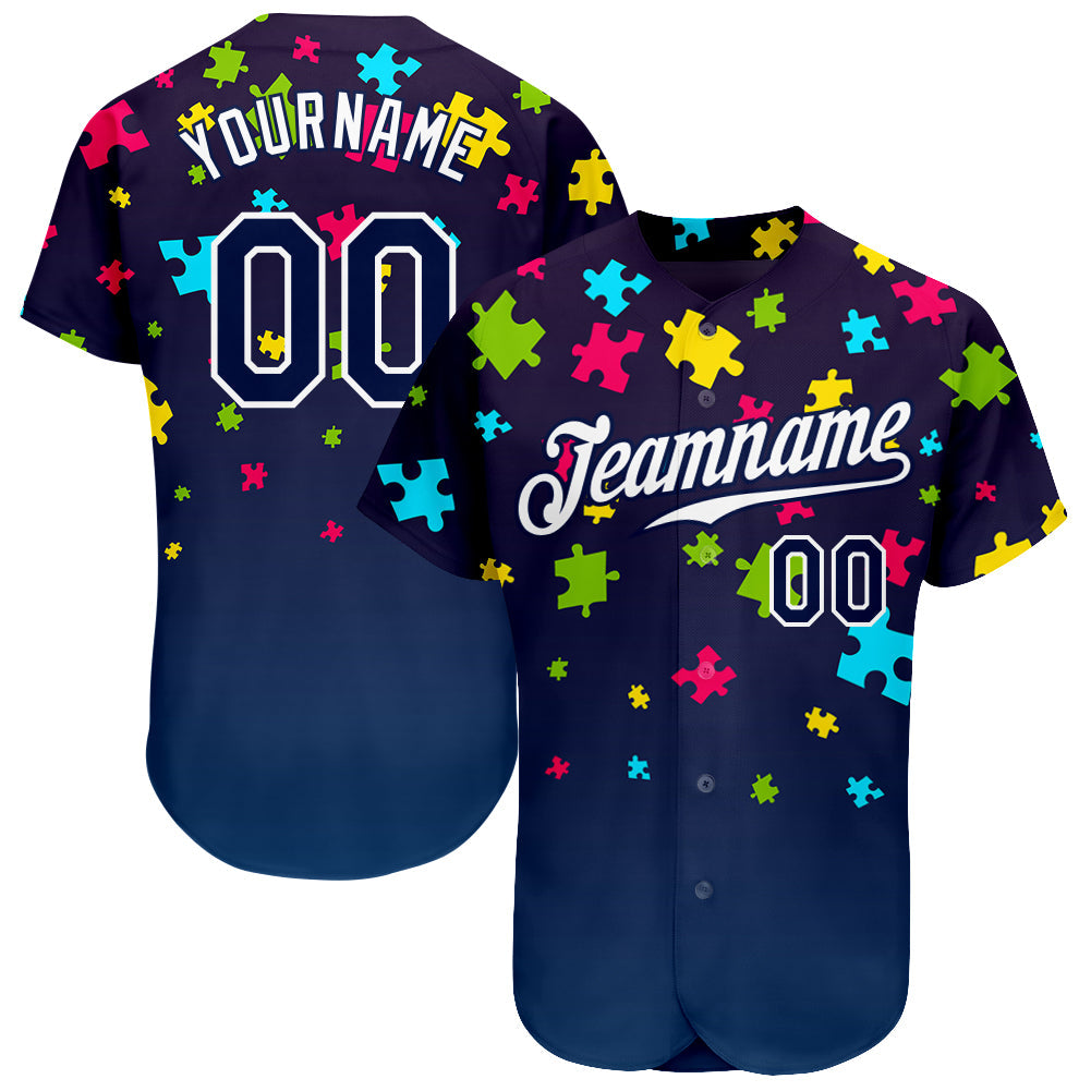 Custom Autism Supporter Awareness Puzzle Pieces Navy-White 3D Authentic Baseball Jersey