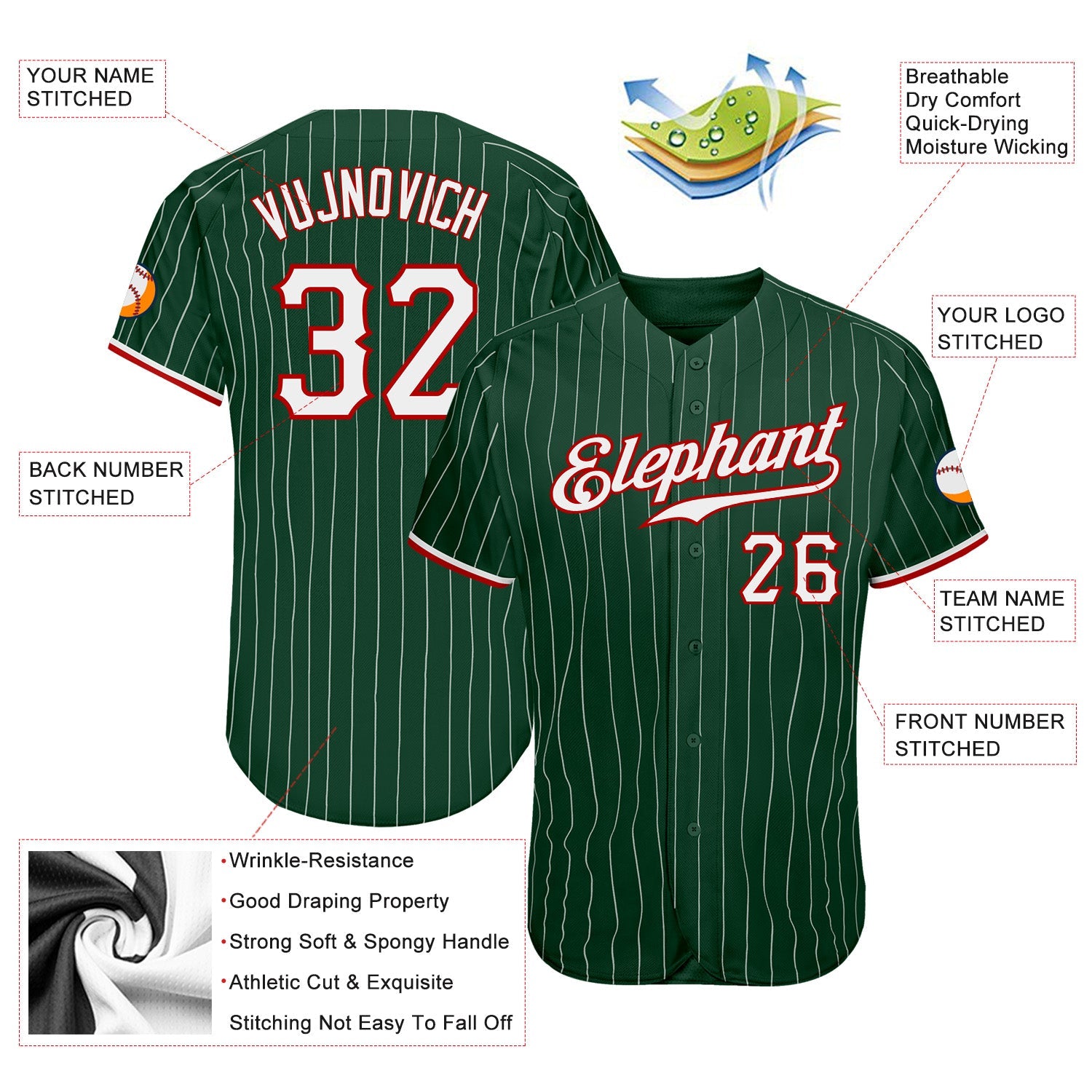 Custom Green White Pinstripe White-Red Authentic Baseball Jersey T-Shirts, Hoodie, Sweatshirt | WearSparks.com (Image 3)
