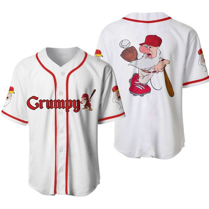Grumpy Dwarf White Red Disney Unisex Cartoon Graphics Casual Outfits Custom Baseball Jersey Gifts for Fans - lylyprint.com