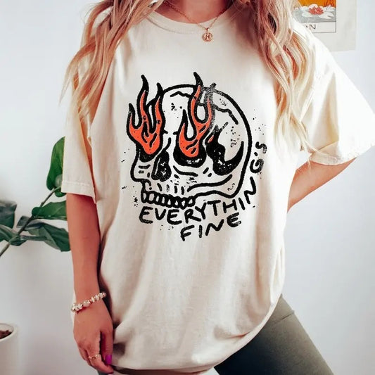 halloween party gift, horror movie shirt, halloween tshirt, Everything is Fine Skeleton Oversized Vintage T-shirt, Funny Skeleton Shirt, It's fine I'm fine Everything is fine