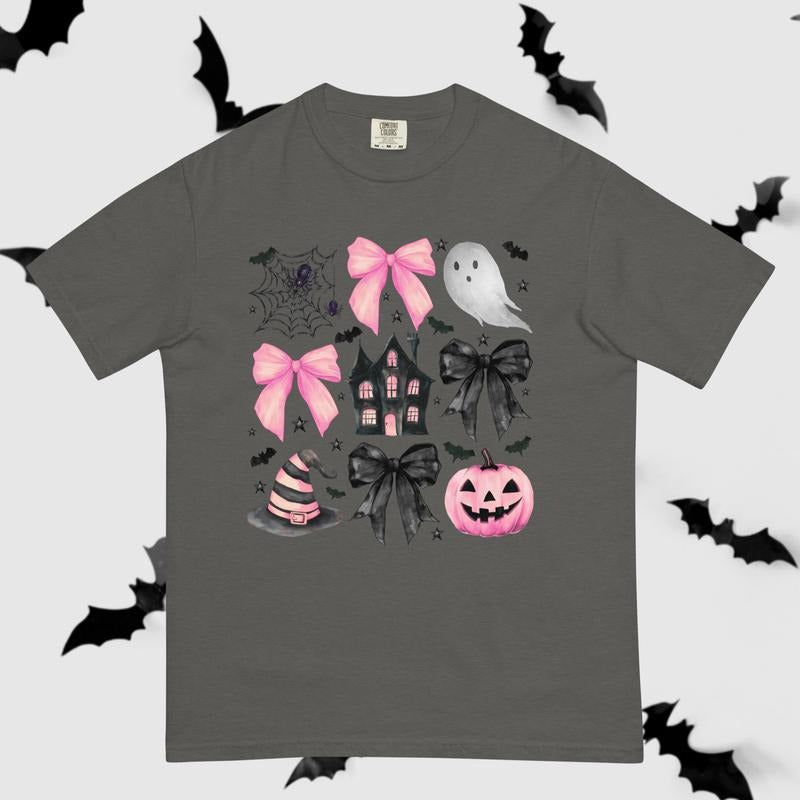 halloween pumpkin pink bows and ghost Shirt - Comfort Colors Unisex Apparel Relaxed Fit Printed In The USA Clothing Womenswear Casual Comfort Cotton Top Athletic Boho Chic