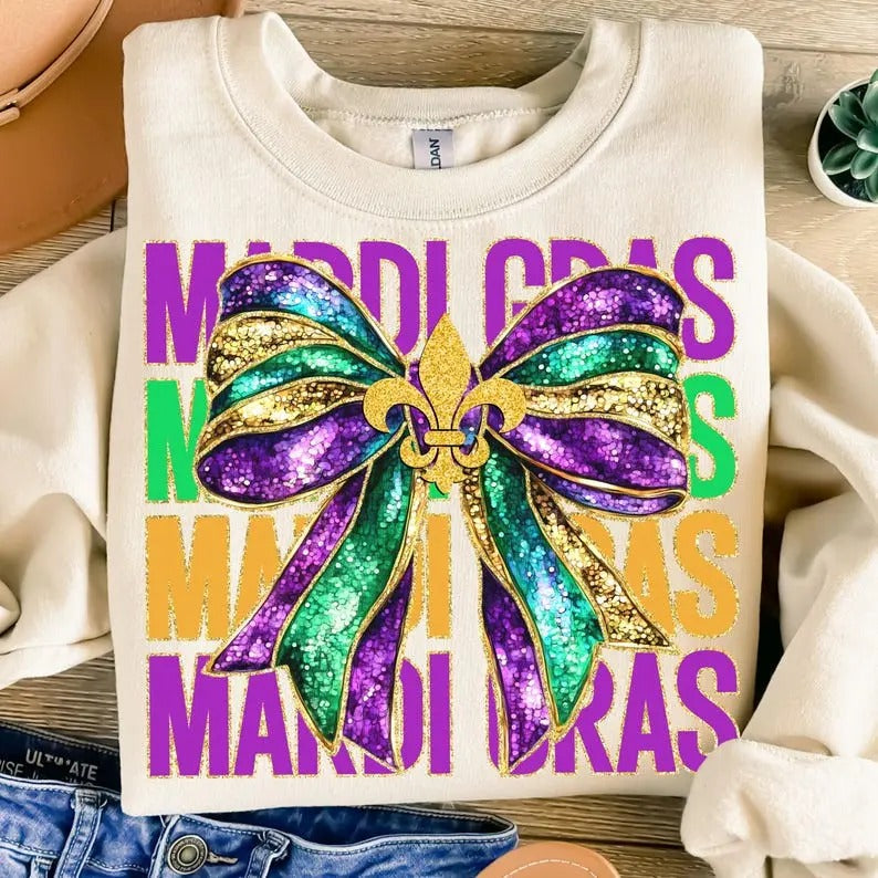 Glitter Mardi Gras Coquette Bow Shirt/sweatshirt/hoodie, Mardi Gras hoodie, Mardi Beads Louisiana Festival Shirt, New Orleans Carnival Bow, Mardi Gras Sublimation