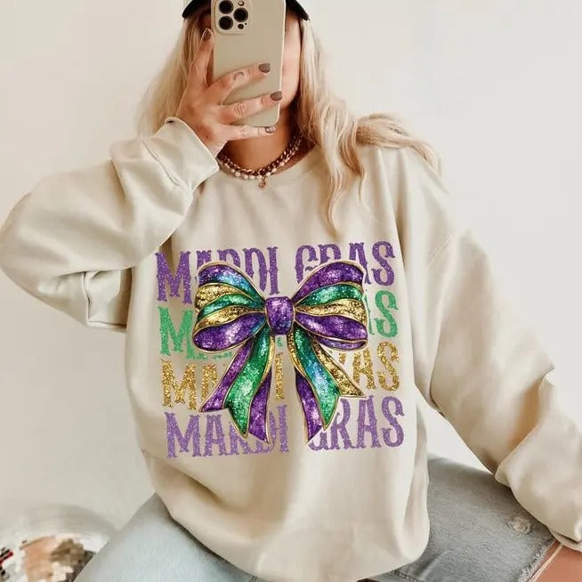 Mardi Gras Coquette T-Shirt/sweatshirt/hoodie, Retro Mardi Gras tshirt, Fleur De Lis hoodie, Glitter, King Cake sweatshirt, Louisiana sweatshirt, Coquette Bow Png hoodie