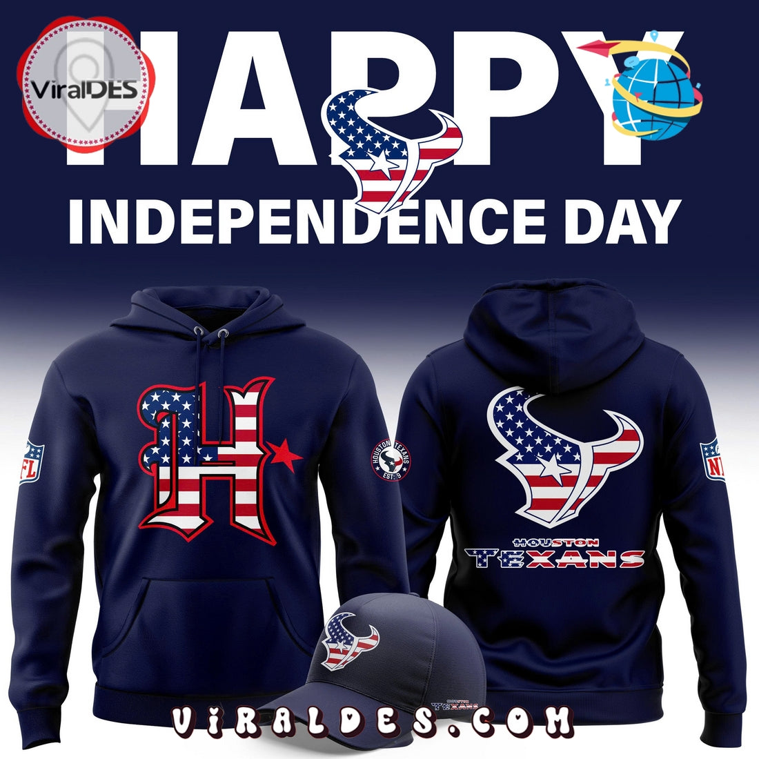 Houston Texans 2025 American Independence Day Hoodie, Cap