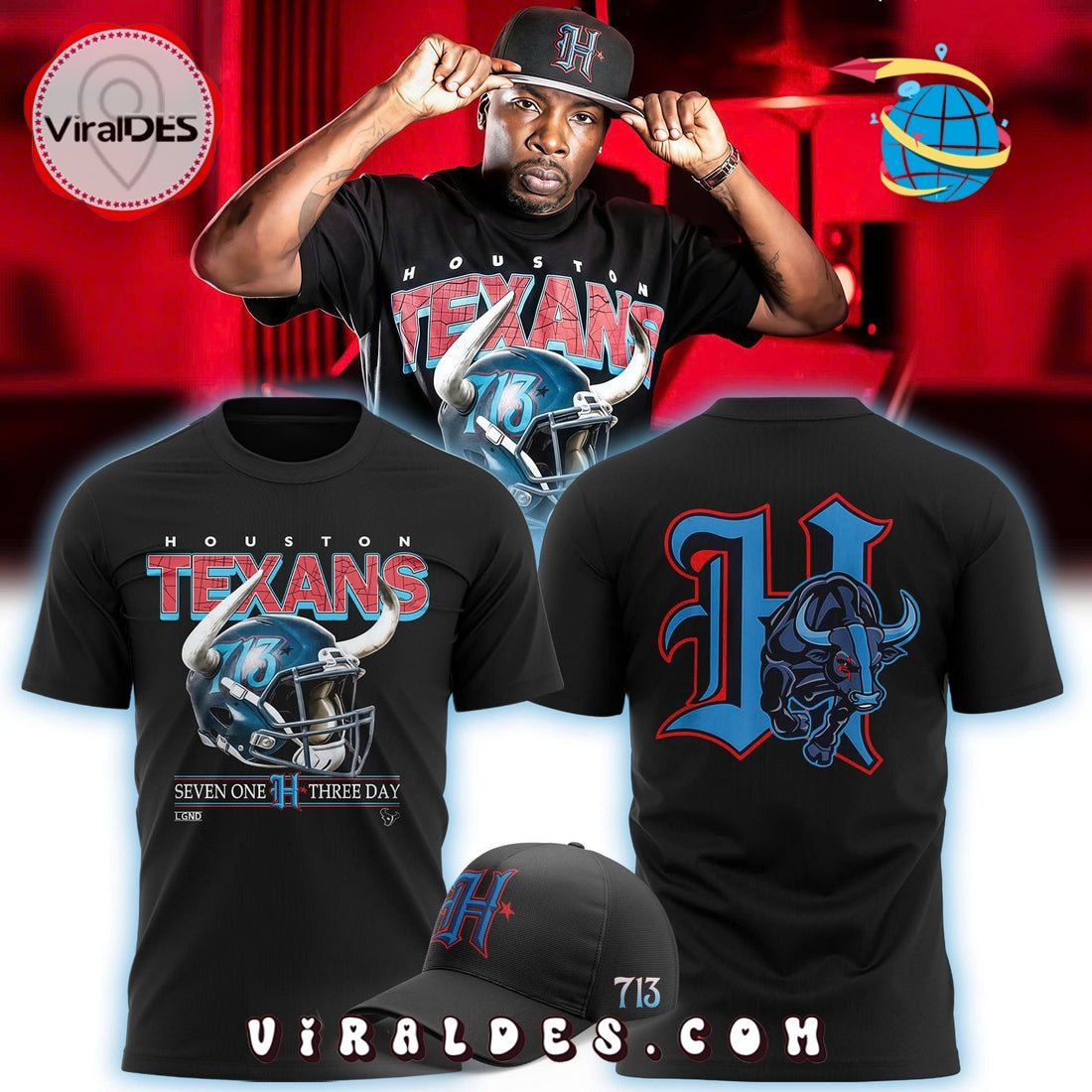 Houston Texans 713 New 2025 Black Hoodie, Cap