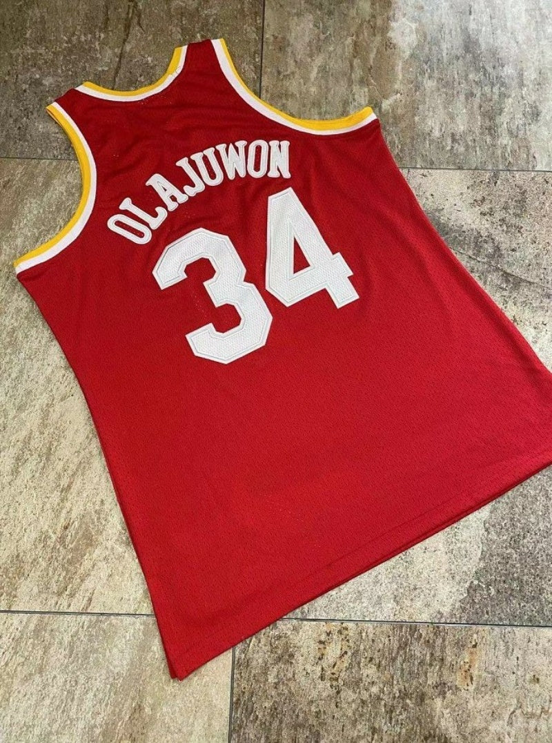 houston rockets #34 hakeem olajuwon Rockets 34 Olajuwon Retro Red Jersey Style 4
