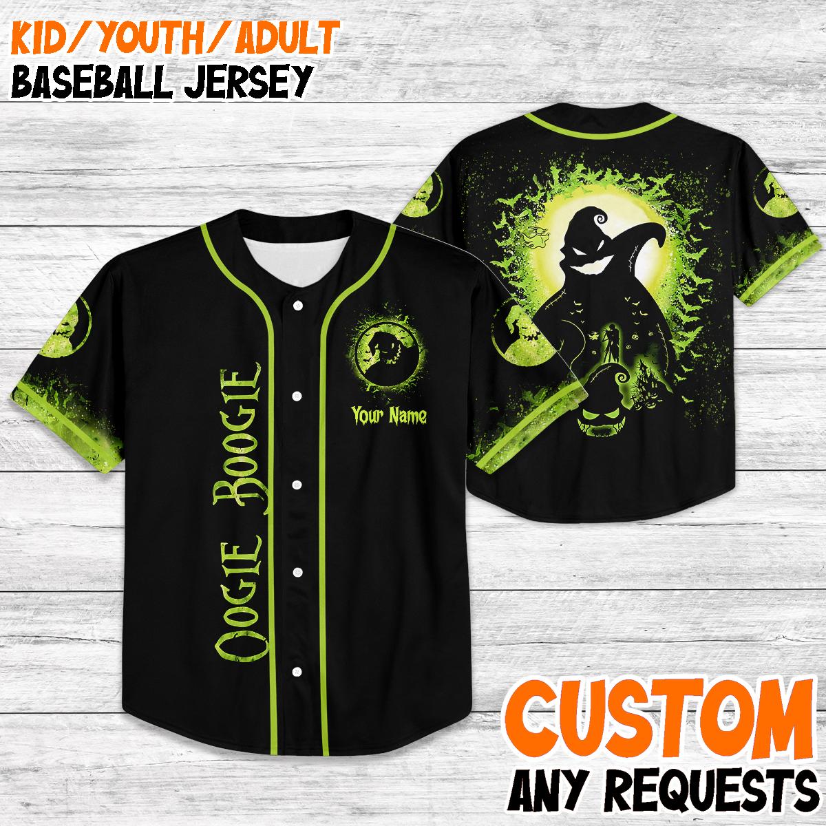 Custom Oogie Boogie Baseball Jersey, Nightmare Halloween Shirt, Glow Green Spooky Jersey, Personalized Halloween Costume Tee