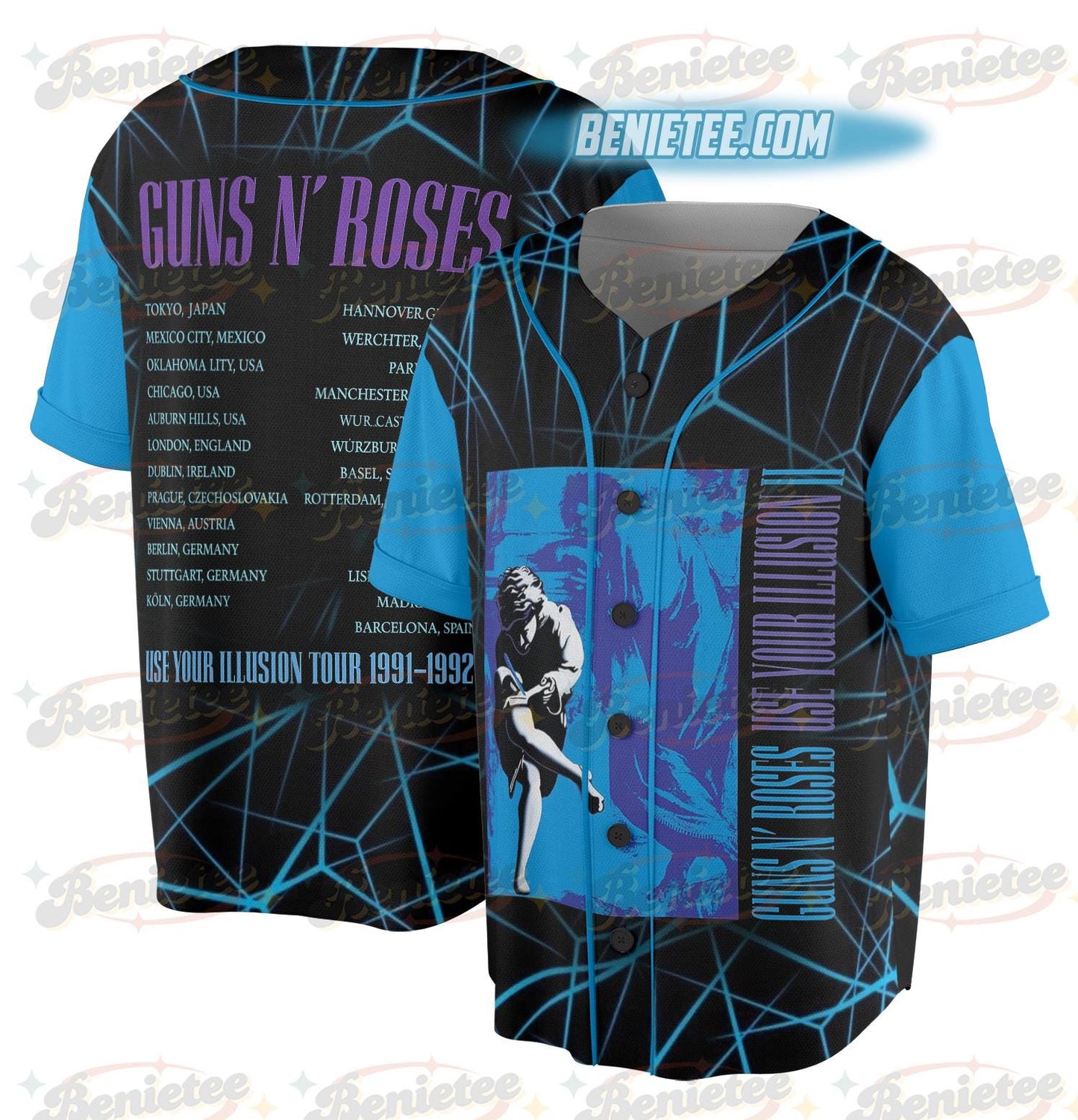 Guns N' Roses 40th Anniversary Jersey, 1985-2025 Rock Band Graphic Tee with Signatures