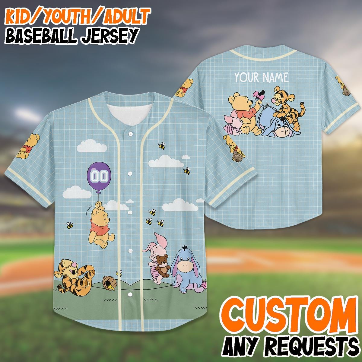 Winnie the Pooh Baseball Jersey, Custom Name Shirt, Kid Youth Adult Jersey, Christmas Gift, Holiday Gift, Disney Matching Outfit