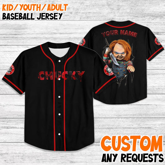 Custom Chucky Baseball Jersey, Kids Youth Adult Horror Jersey, Personalized Halloween Shirt, Scary Movie Costume Jersey Tee