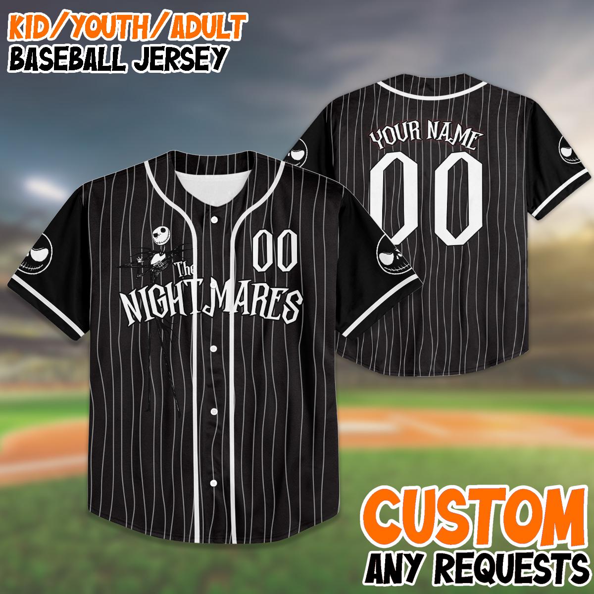 Custom Birthday Baseball Jersey, Jack Skellington Pinstripe Shirt, Personalized Name Number, Spooky Birthday... (Image 1)