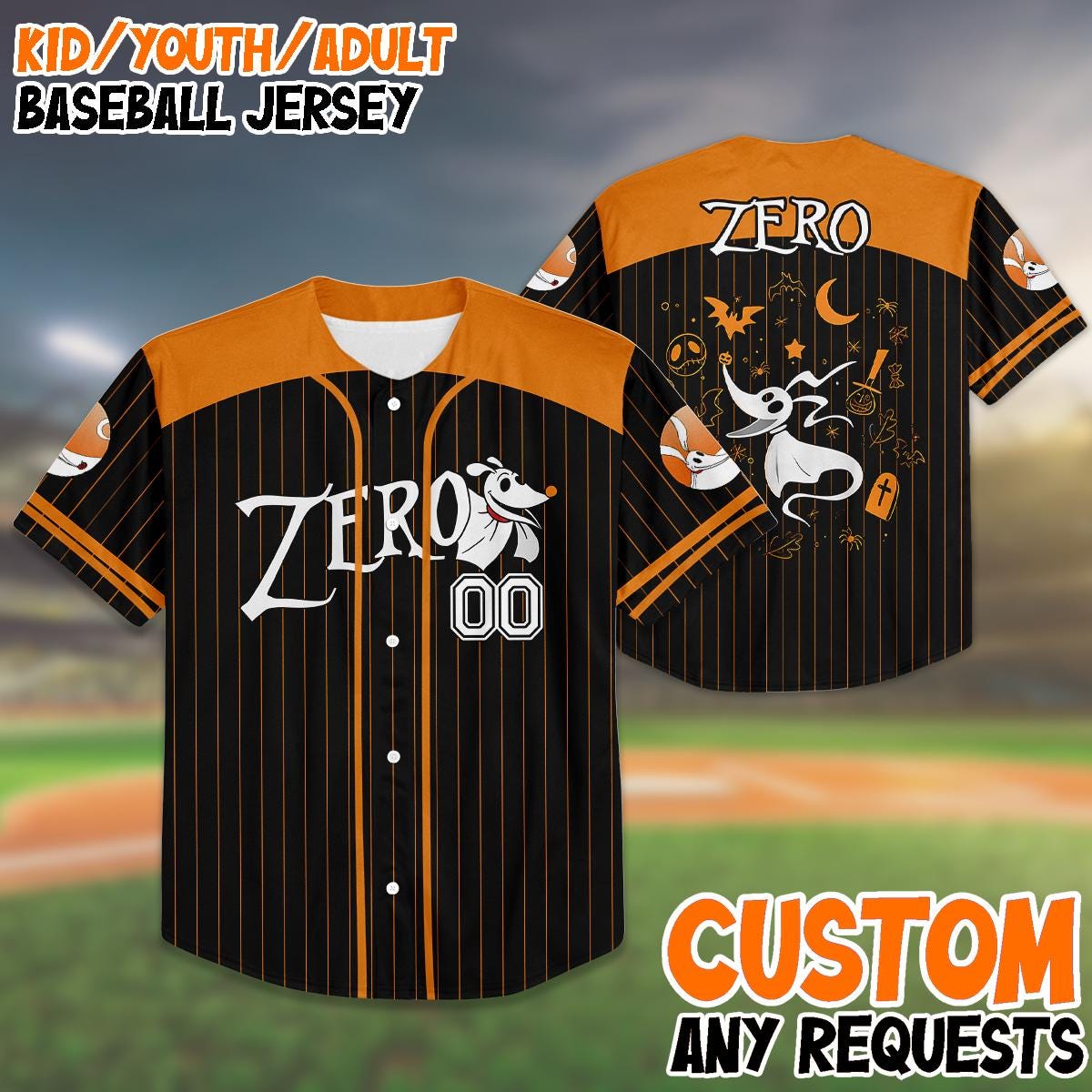 Custom Halloween Baseball Jersey, Zero Dog Shirt, Nightmare Inspired Jersey, Kid/Youth/Adult Halloween Costume,... (Image 1)