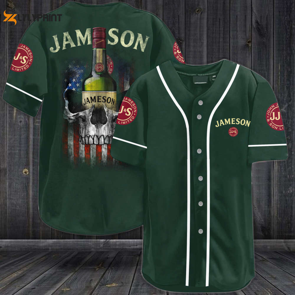 Jameson Irish Whiskey USA Flag Skull All Over Print 3D Unisex Baseball Jersey - Dark Green - lylyprint.com