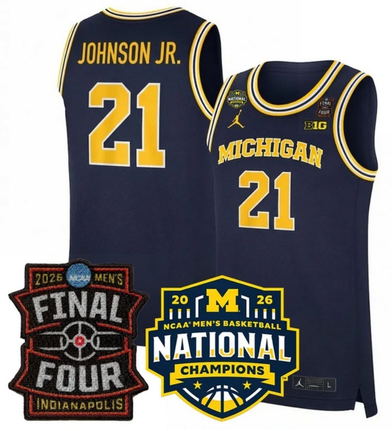 michigan wolverines #21 morez johnson jr. navy 2025 26 final four & national champions