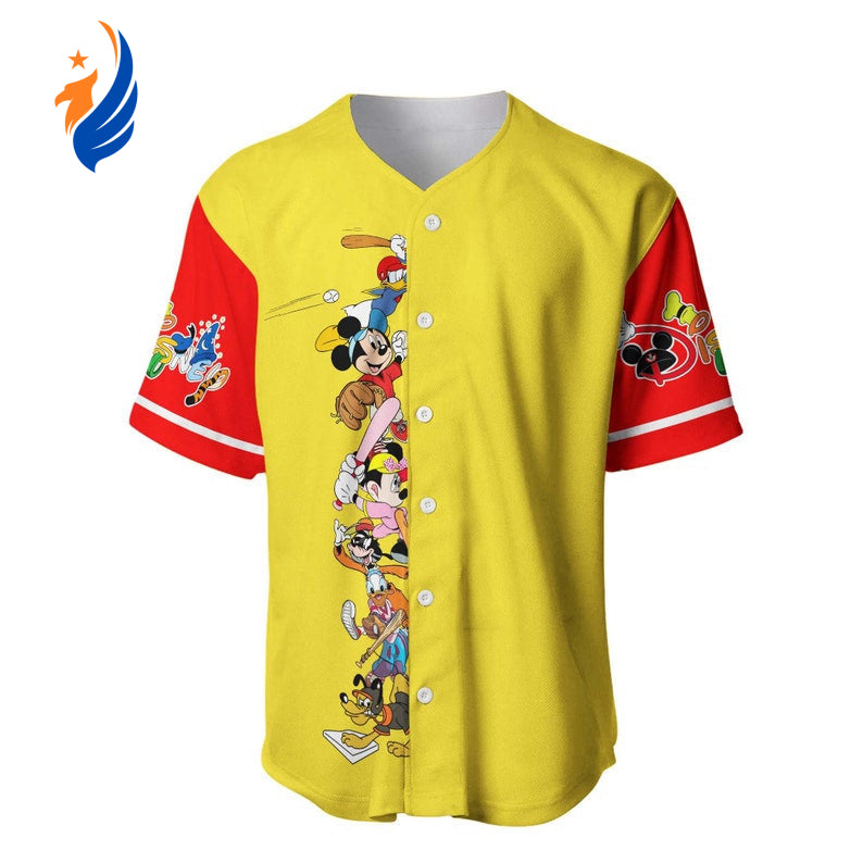 Mickey Minnie & Friends All Over Print Baseball Jersey - Yellow: Unisex Jersey Shirt for Disney Fans! - Bafud