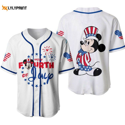 Mickey Mouse Happy 4th Of July White Blue Disney Unisex Cartoon Graphics Casual Outfits Custom Baseball Jersey Gifts for Fans - lylyprint.com