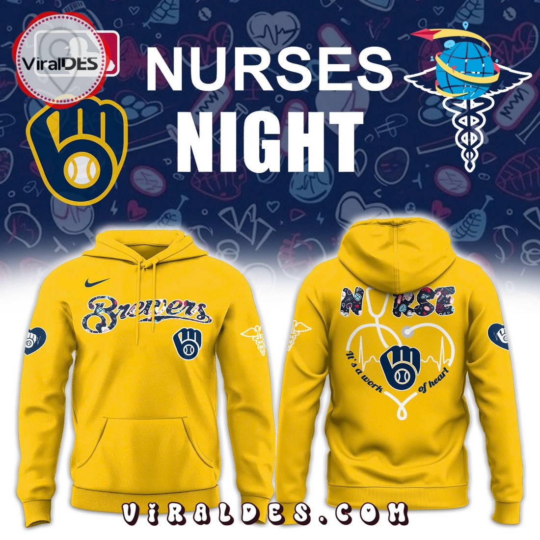 Milwaukee Brewers 2025 Nurses Night Hoodie – Gold